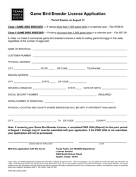 Document preview: Form PWD884-L2000 Game Bird Breeder License Application - Texas
