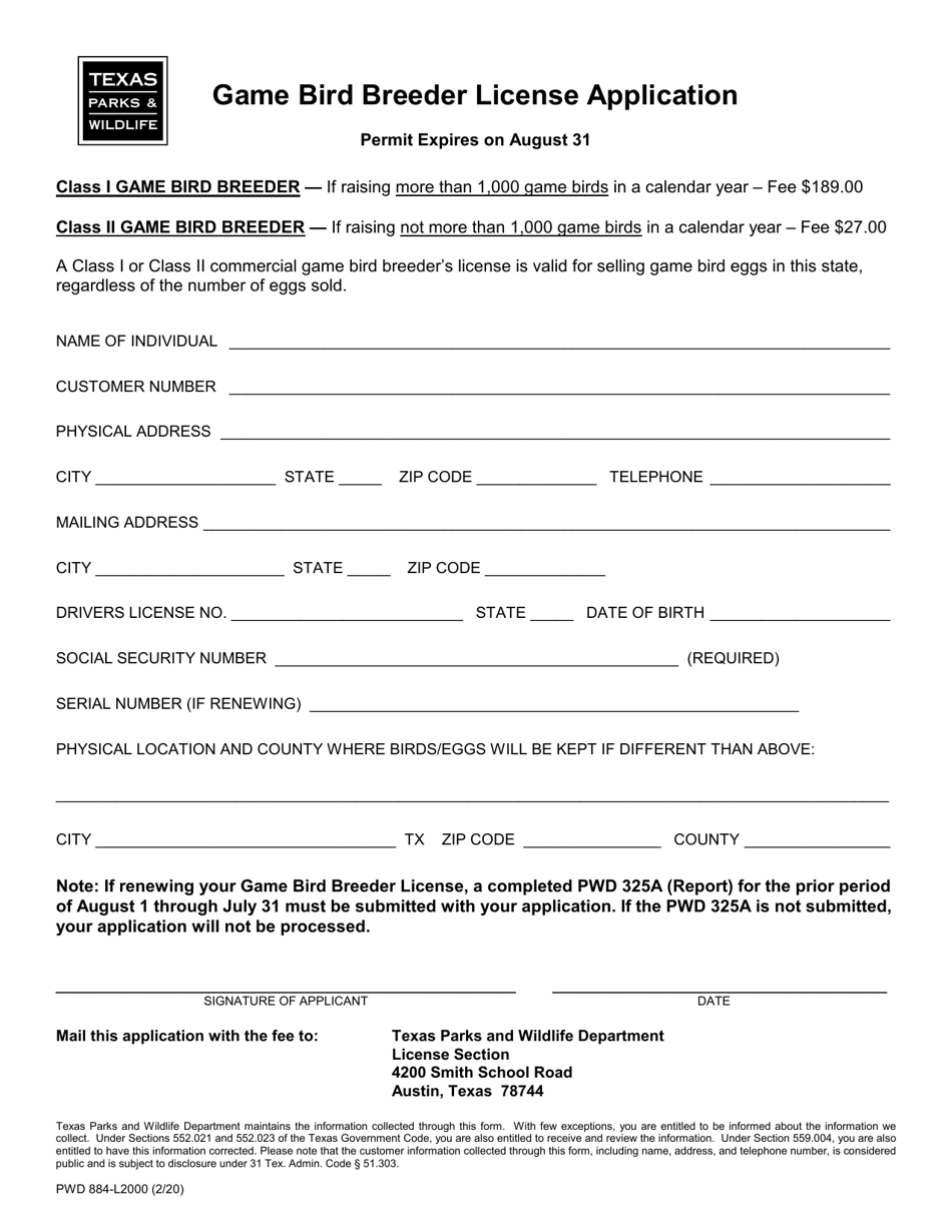 Form PWD884-L2000 Game Bird Breeder License Application - Texas, Page 1