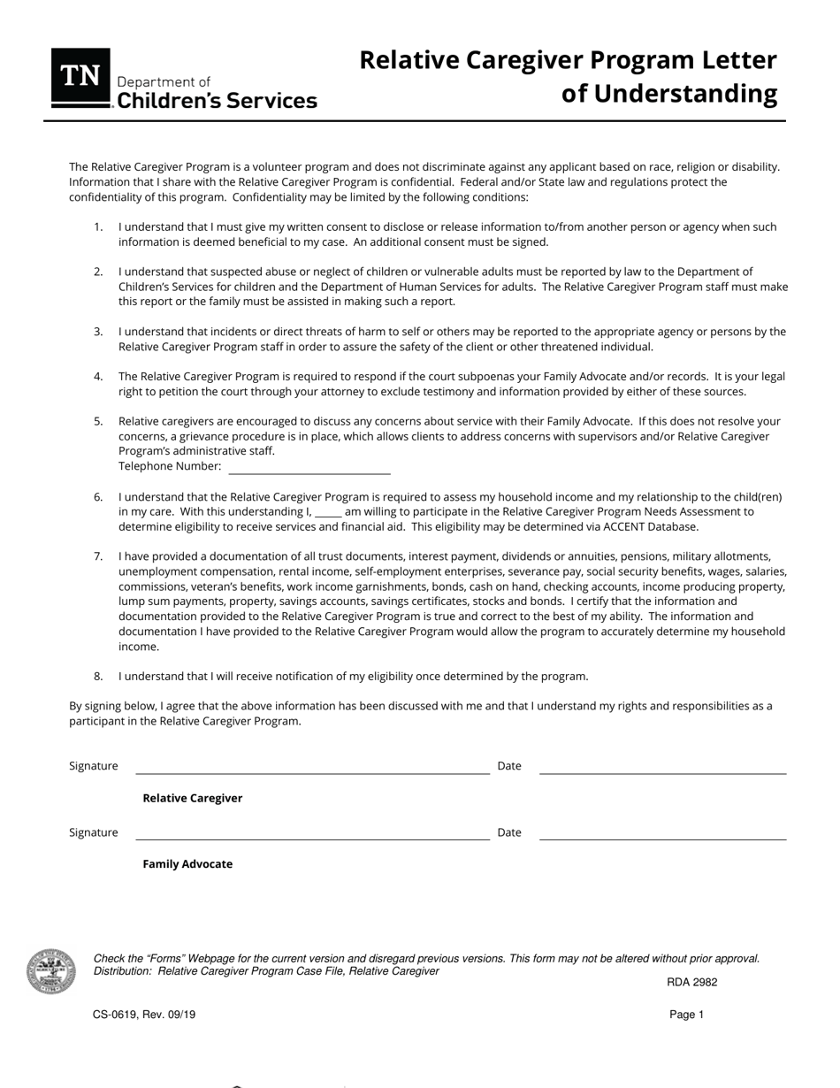 Form CS-0619 Relative Caregiver Program Letter of Understanding - Tennessee, Page 1