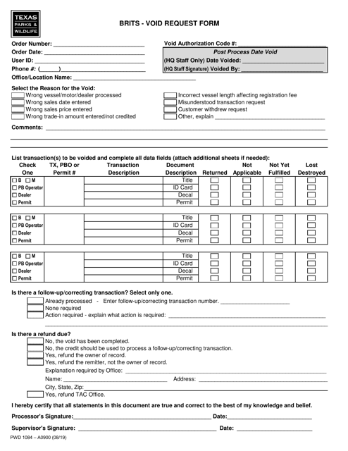 Form PWD1084 Brits - Void Request Form - Texas