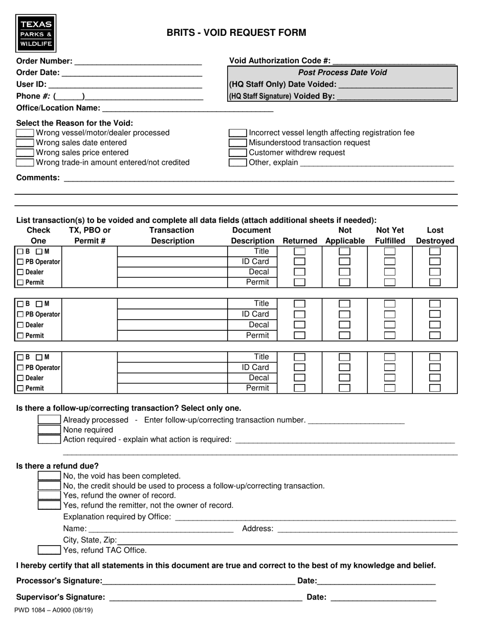 Form PWD1084 Brits - Void Request Form - Texas, Page 1