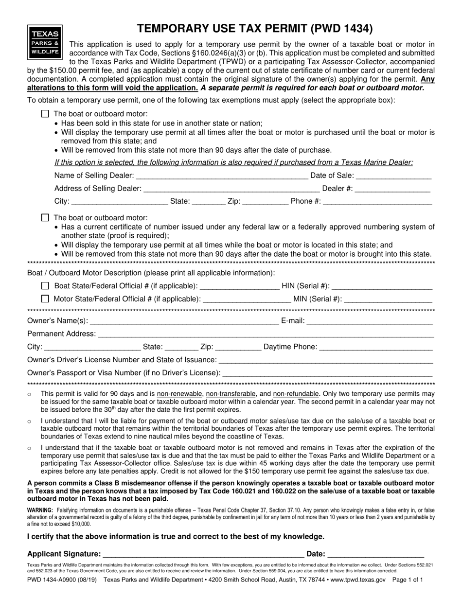 Form PWD1434 Temporary Use Tax Permit - Texas, Page 1