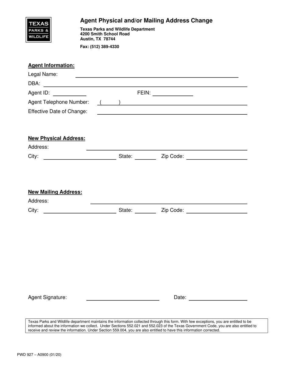 Form PWD-927 Agent Physical and / or Mailing Address Change - Texas, Page 1
