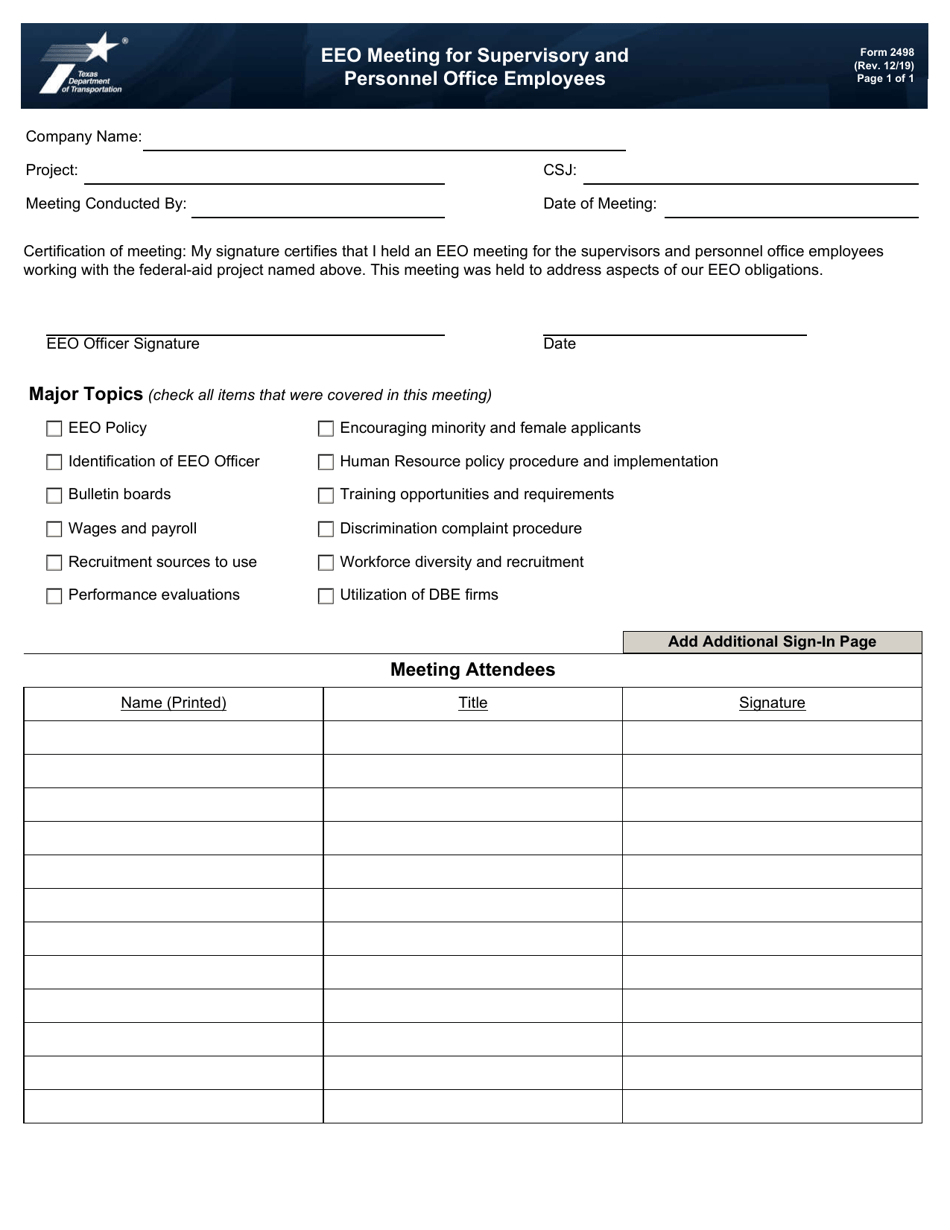 Form 2498 EEO Meeting for Supervisory and Personnel Office Employees - Texas, Page 1