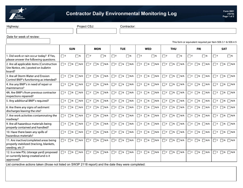 Form 2801 Contractor Daily Environmental Monitoring Log - Texas