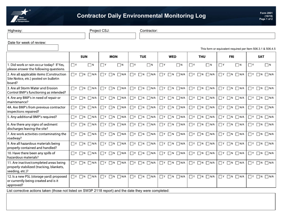 Form 2801 Contractor Daily Environmental Monitoring Log - Texas, Page 1