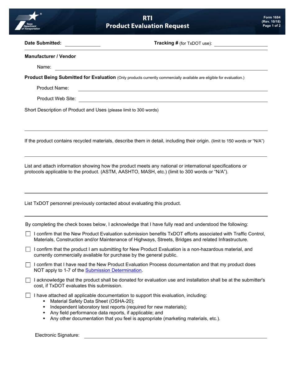 Form 1684 Product Evaluation Request - Texas, Page 1