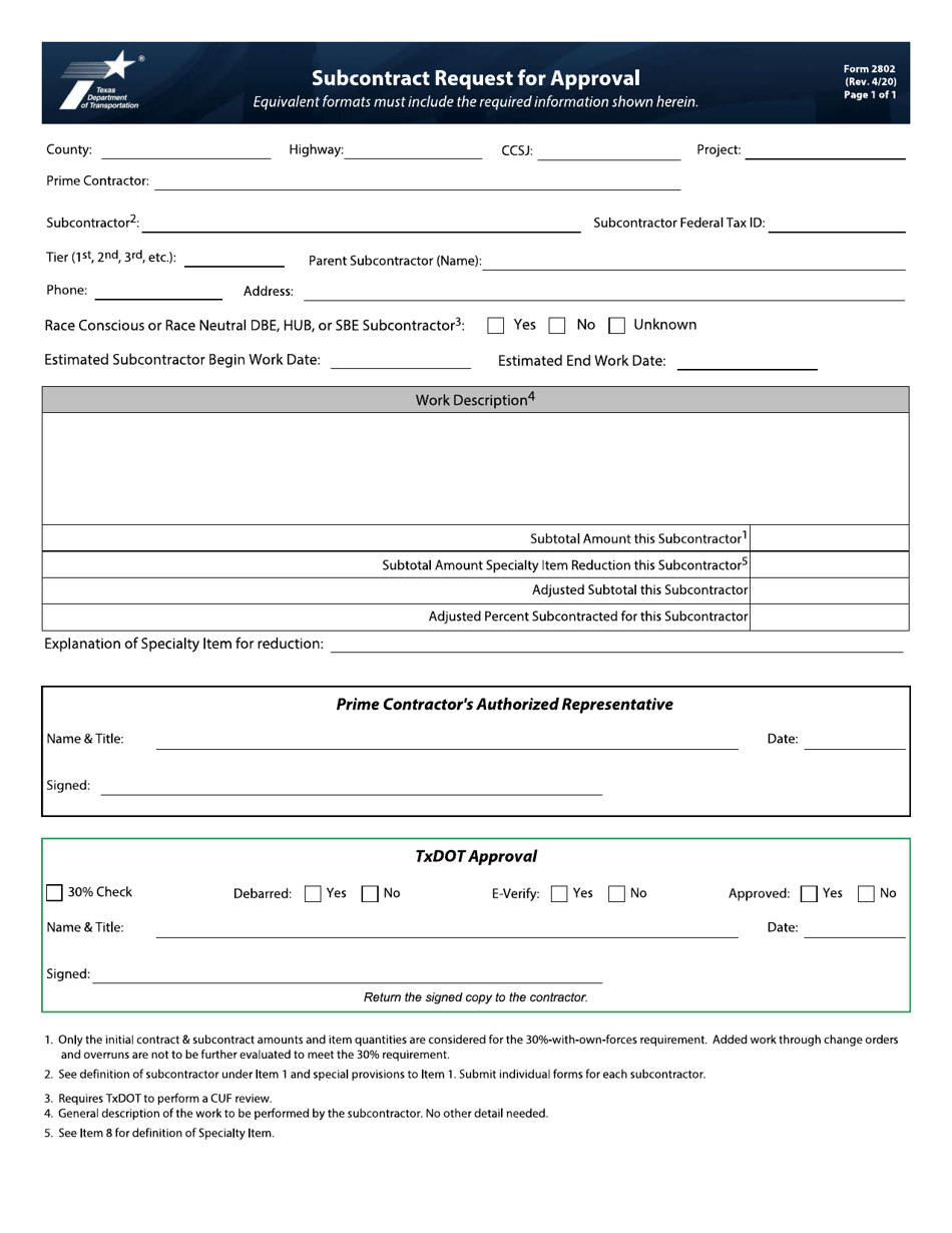 Form 2802 Download Fillable PDF or Fill Online Subcontract Request for Approval Texas ...