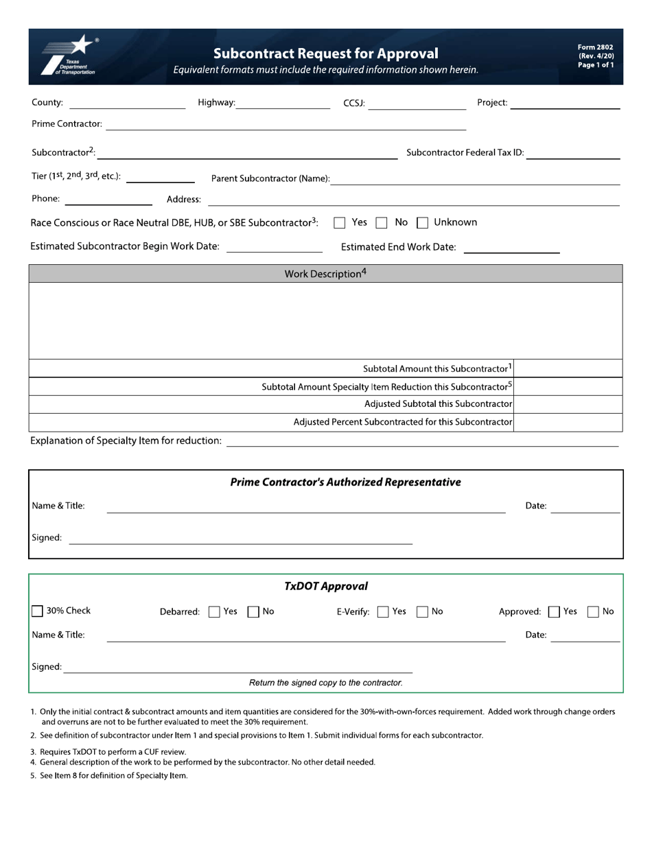 Form 2802 Subcontract Request for Approval - Texas, Page 1