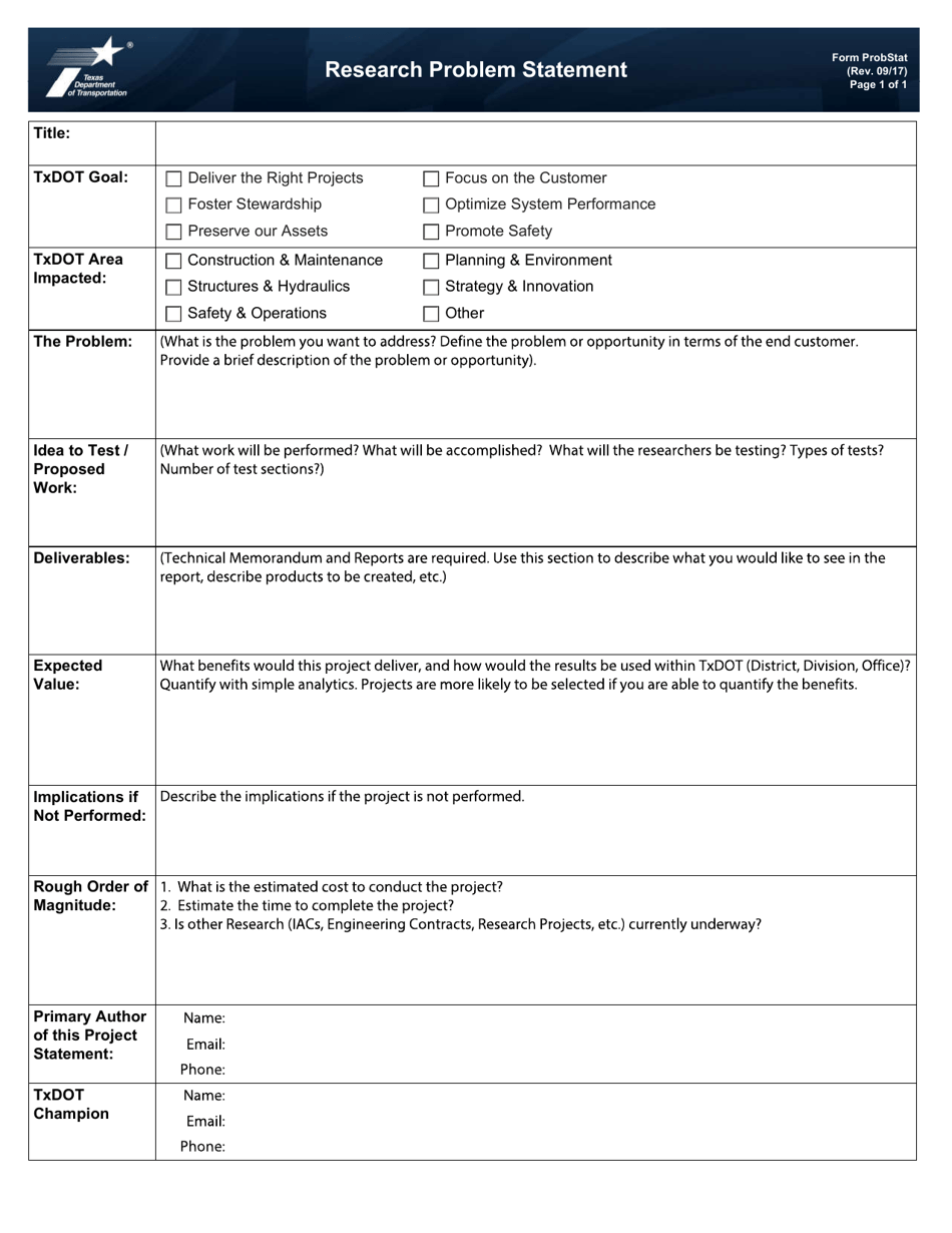 Form 2548 Research Problem Statement - Texas, Page 1