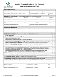 Form VTR-130-SOF Bonded Title Application or Tax Collector Hearing Statement of Fact - Texas