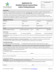 Document preview: Form VTR-615 Application for Disabled Veteran License Plates and/or Parking Placards - Texas