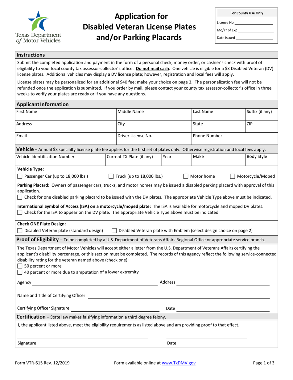Form VTR-615 Application for Disabled Veteran License Plates and / or Parking Placards - Texas, Page 1