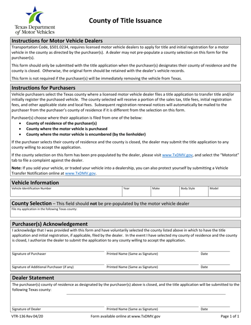 Form VTR-136 County of Title Issuance - Texas