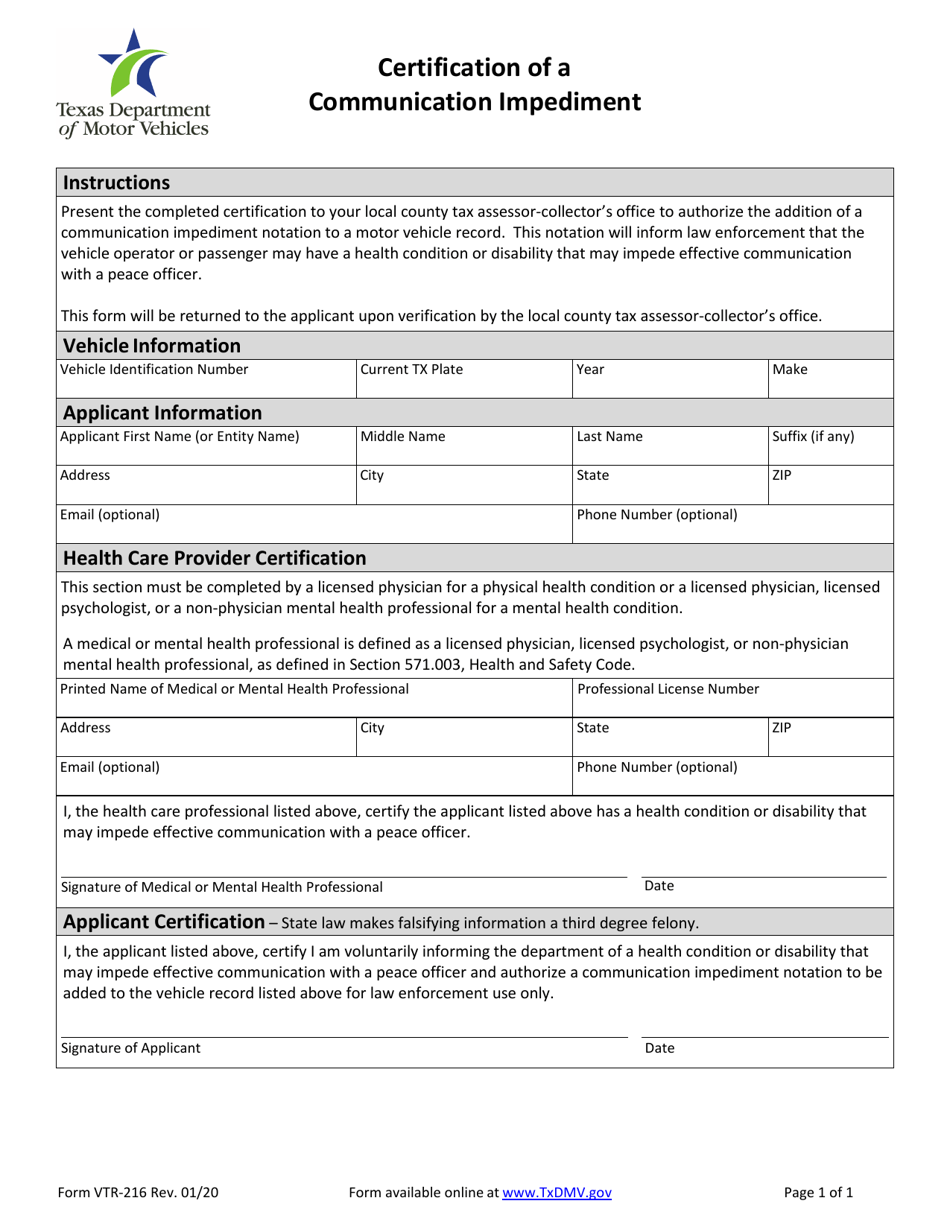 Form VTR-216 Certification of a Communication Impediment - Texas, Page 1