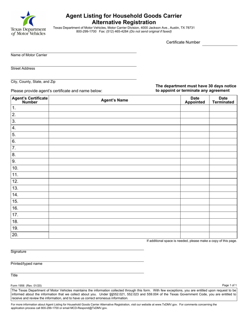 Form 1956 Agent Listing for Household Goods Carrier Alternative Registration - Texas
