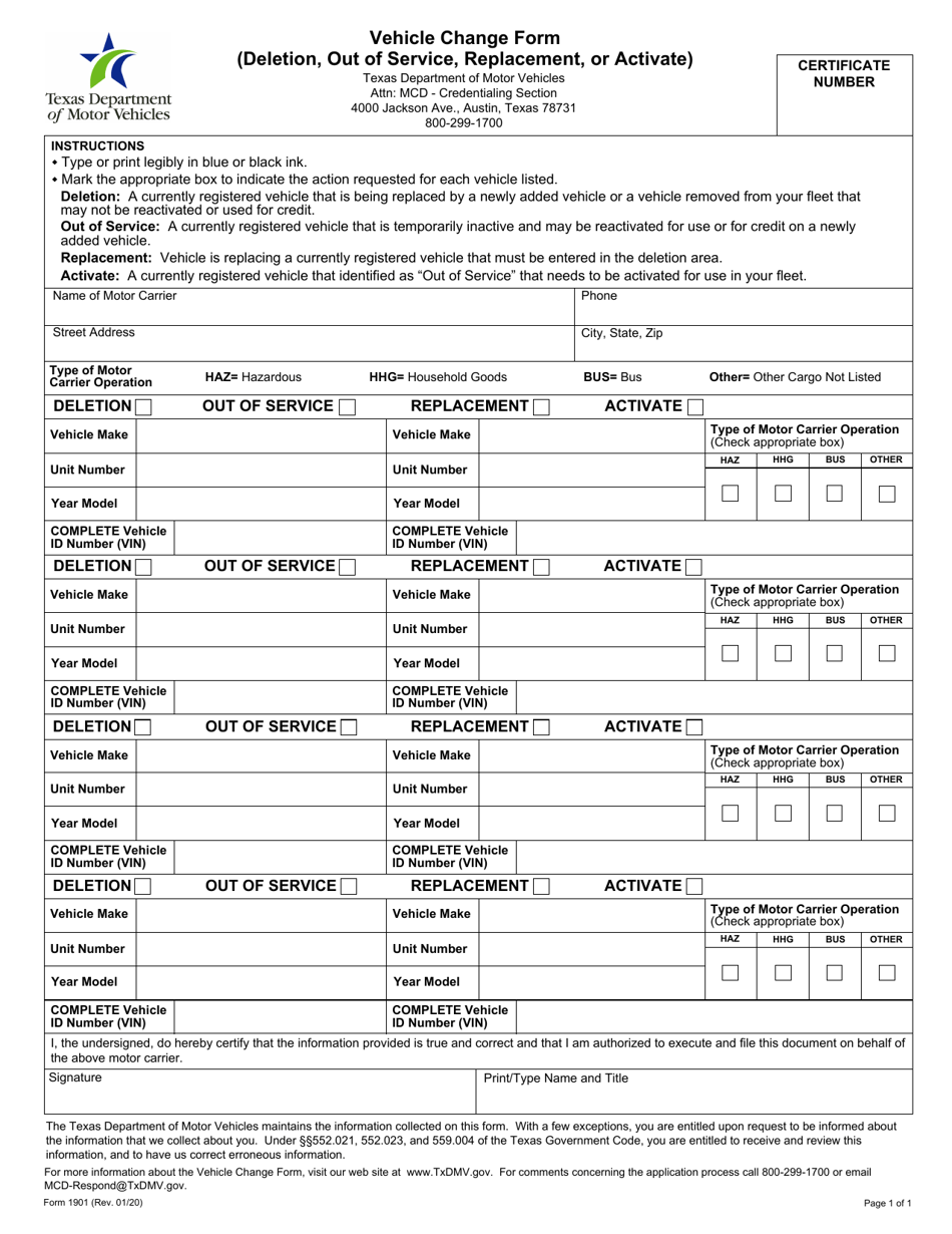 Form 1901 Vehicle Change Form (Deletion, out of Service, Replacement, or Activate) - Texas, Page 1