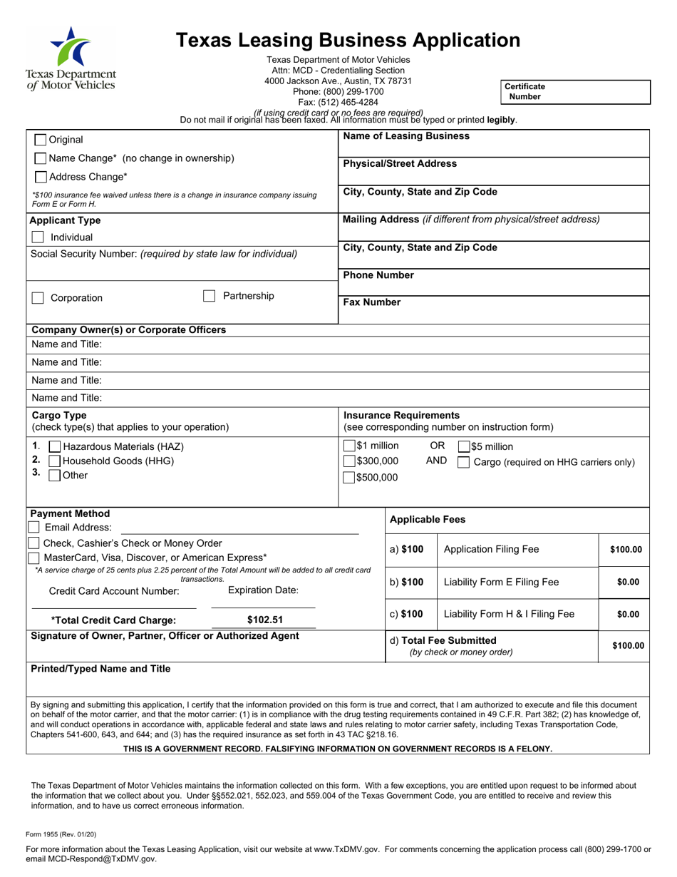 Form 1955 Texas Leasing Business Application - Texas, Page 2