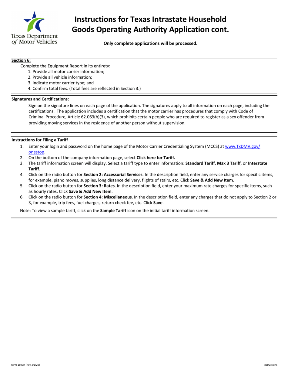 Form 1899H Application for Texas Intrastate Household Goods Operating Authority - Texas, Page 2