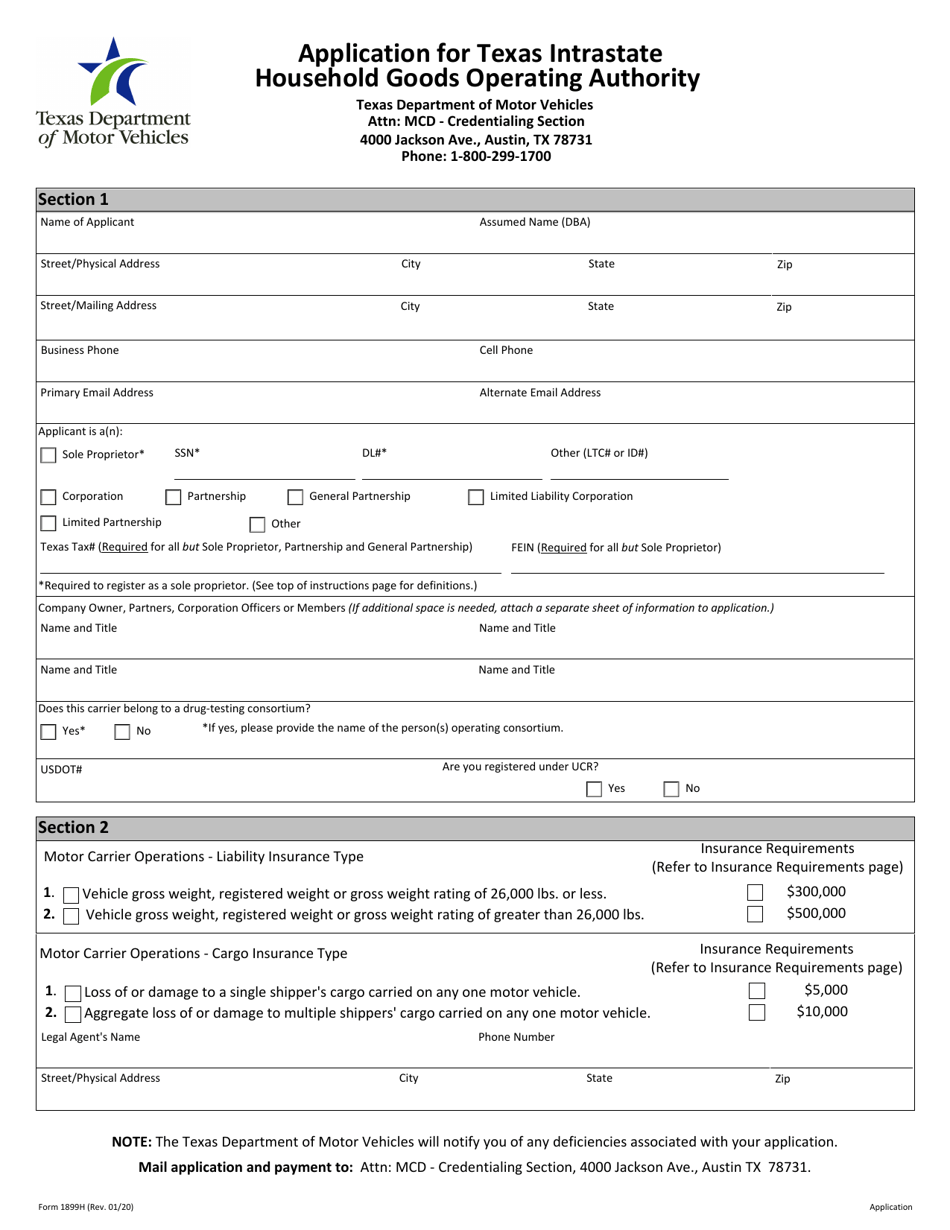 Form 1899H Application for Texas Intrastate Household Goods Operating Authority - Texas, Page 3