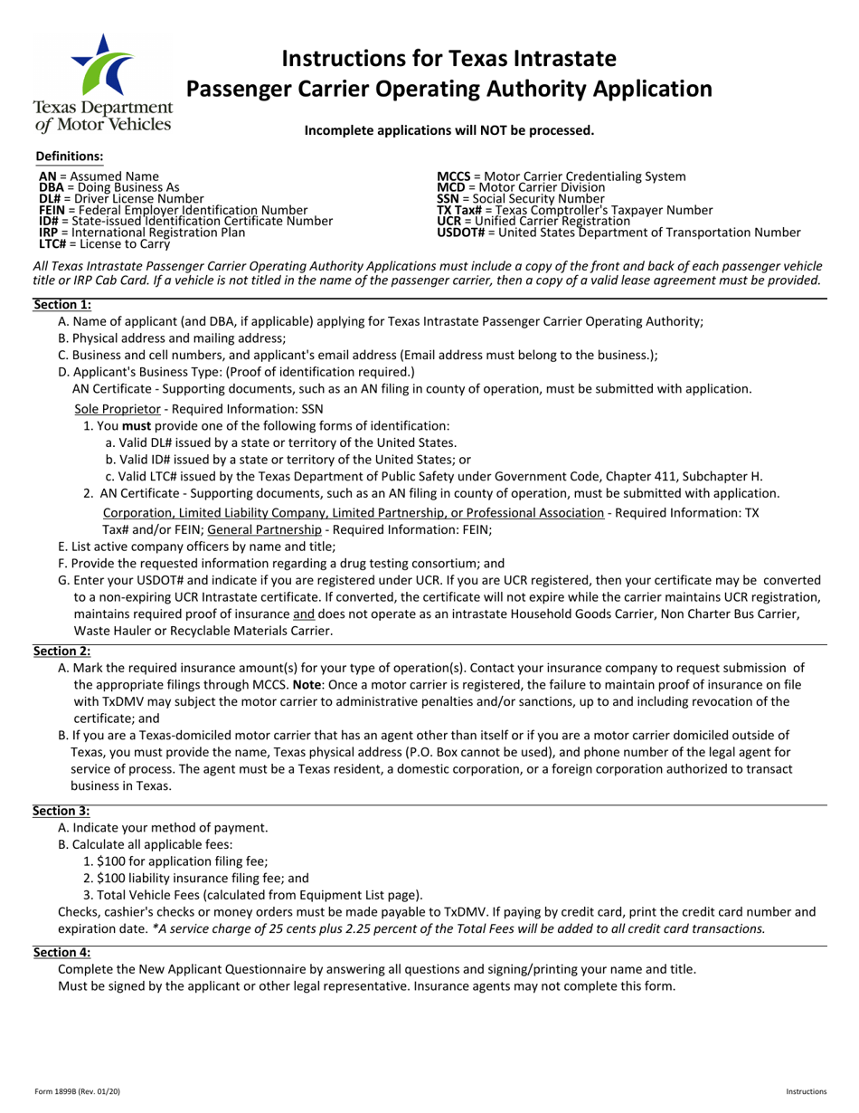 Form 1899B Application for Texas Intrastate Passenger Carrier Operating Authority - Texas, Page 1