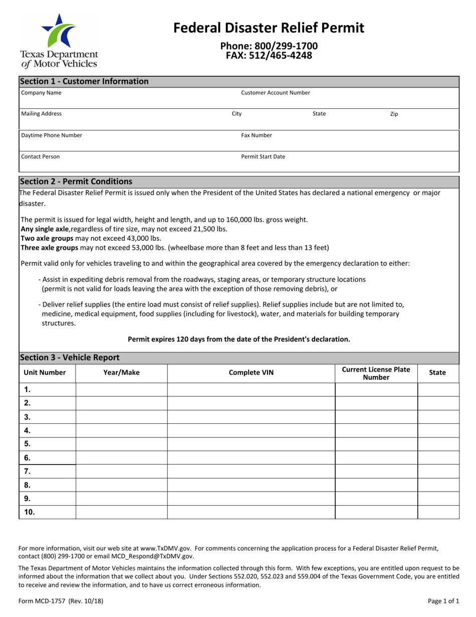 Form MCD-1757 Federal Disaster Relief Permit - Texas, Page 1