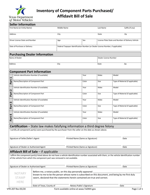 Form VTR-207 Inventory of Component Parts Purchased/ Affidavit Bill of Sale - Texas