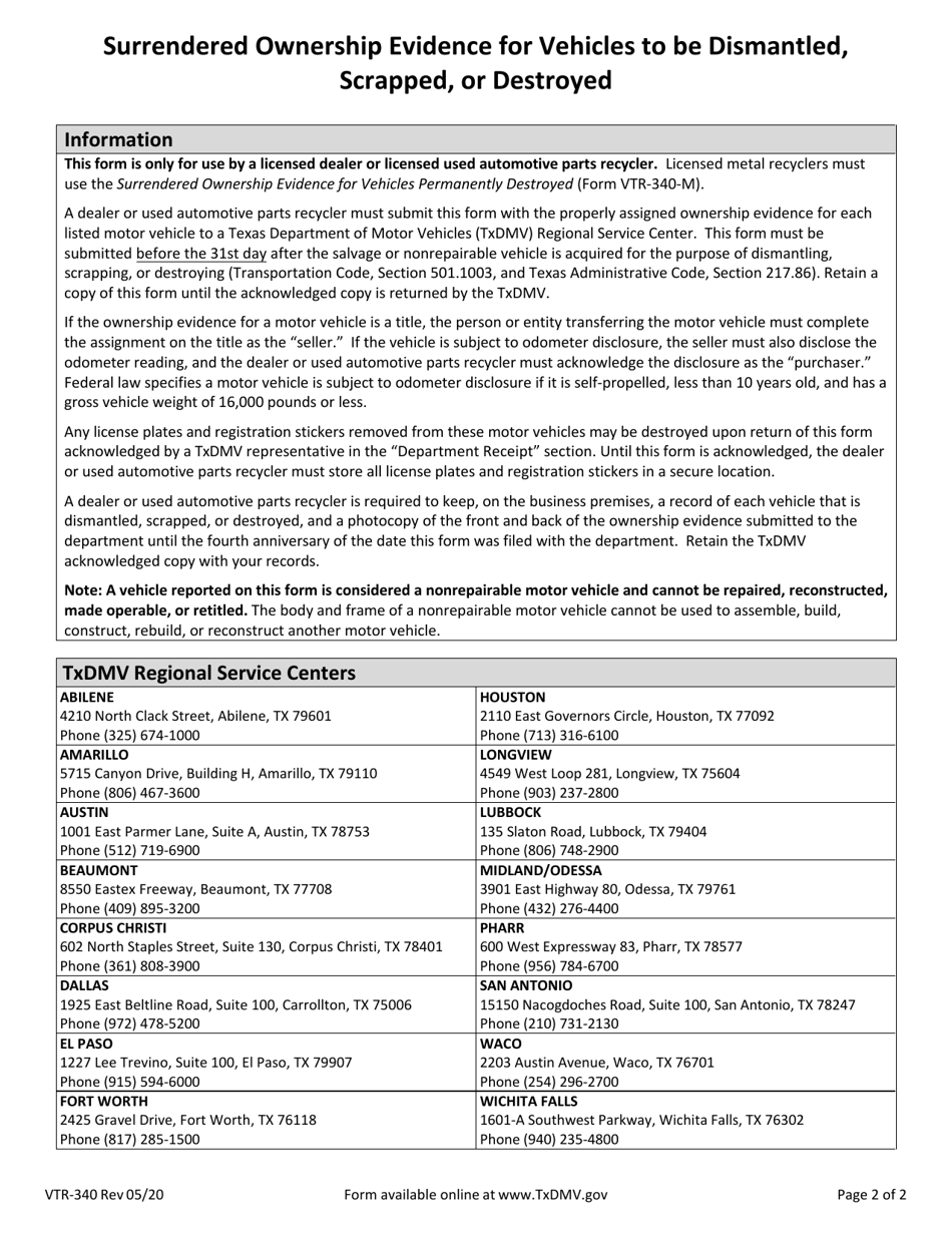 Form VTR-340 Surrendered Ownership Evidence for Vehicles to Be Dismantled, Scrapped, or Destroyed - Texas, Page 2