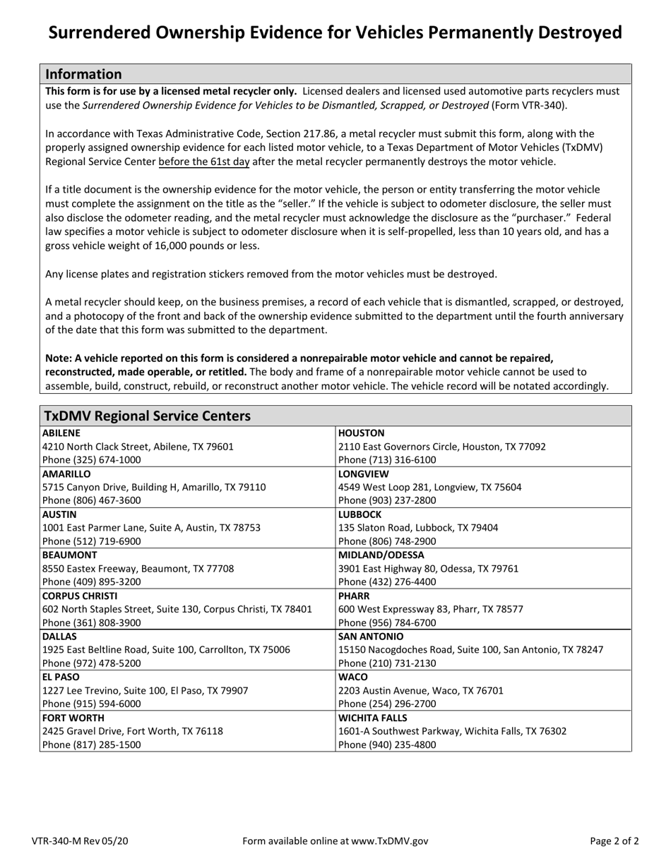 Form VTR-340-M Surrendered Ownership Evidence for Vehicles Permanently Destroyed - Texas, Page 2