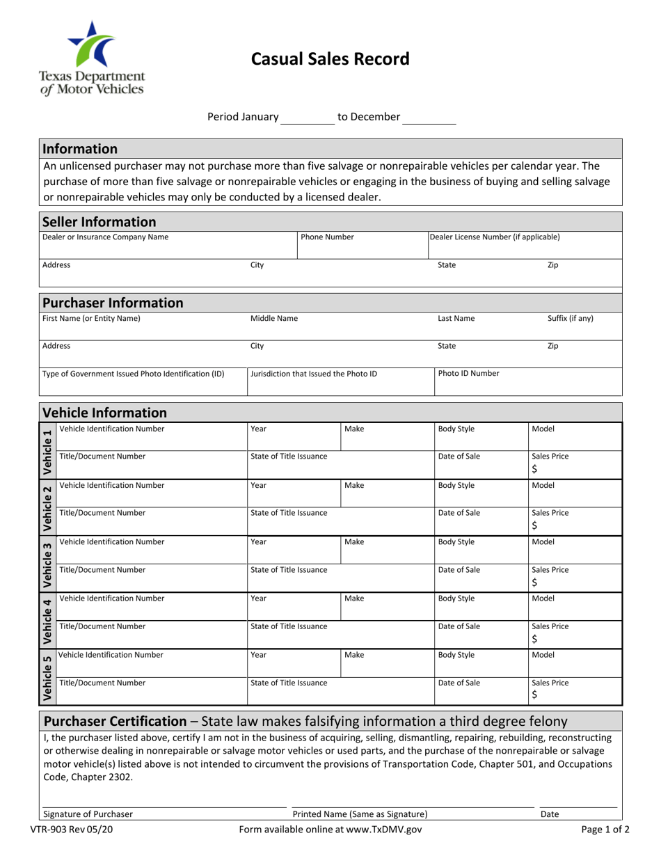 Form VTR-903 Casual Sales Record - Texas, Page 1