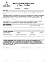 Document preview: Form VTR-901-A Annual Purchaser's Certification of Export-Only Sale - Texas