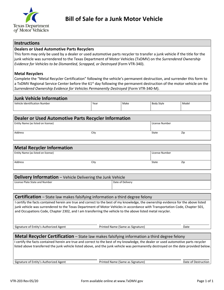 Form VTR-203 Download Fillable PDF or Fill Online Bill of Sale for a