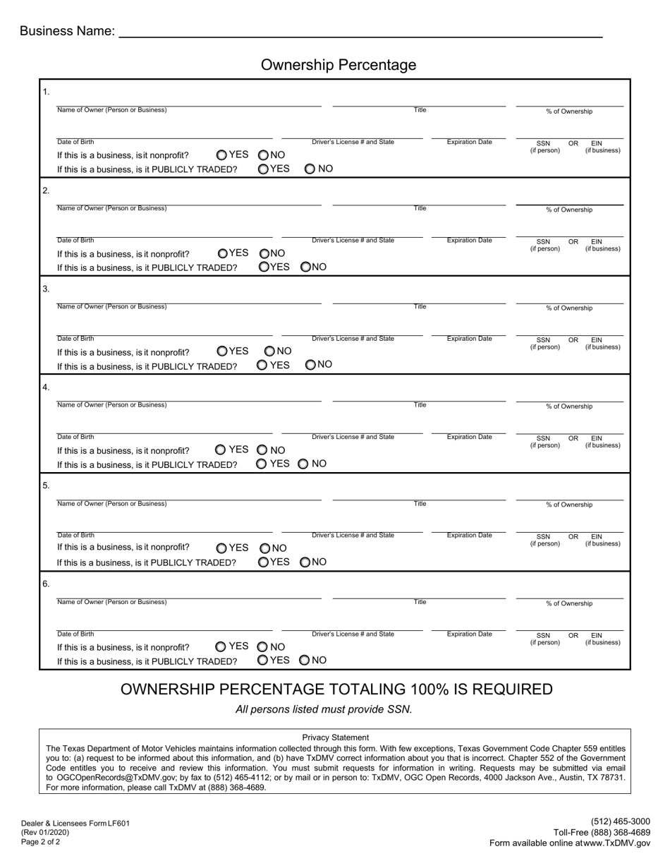 Form LF601 Ownership Information - Texas, Page 2