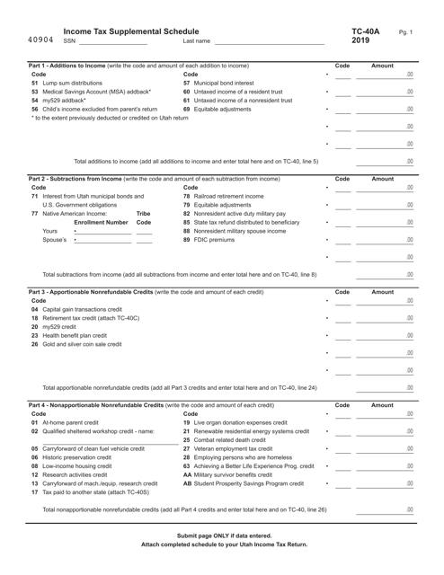 Form TC-40A Schedule A Income Tax Supplemental Schedule - Utah, 2019