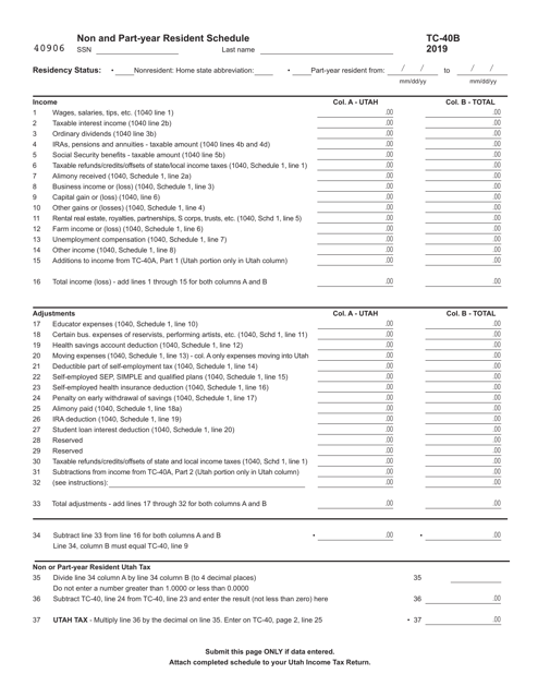 Form TC-40B Schedule B Non and Part-Year Resident Schedule - Utah, 2019