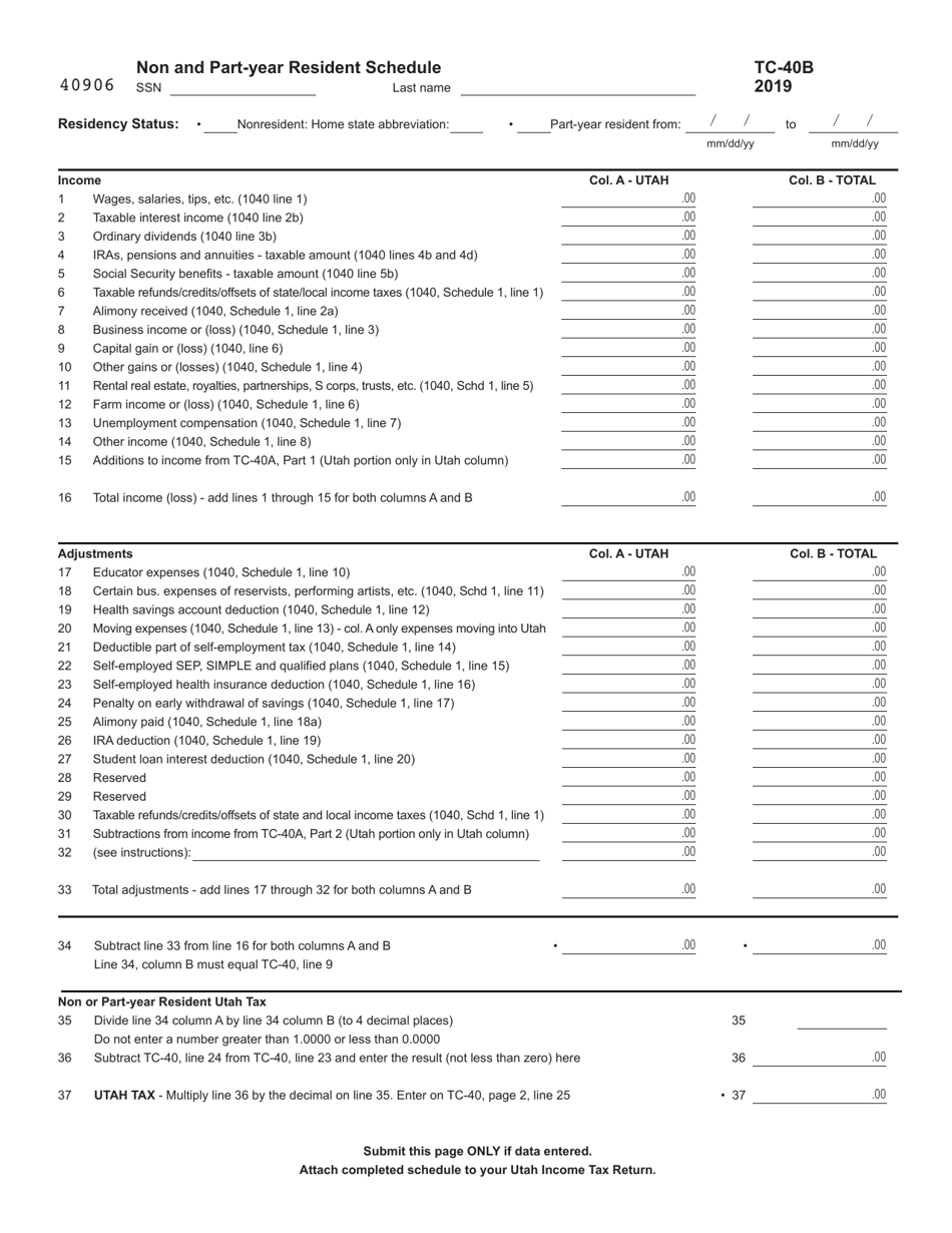 Form TC-40B Schedule B Non and Part-Year Resident Schedule - Utah, Page 1