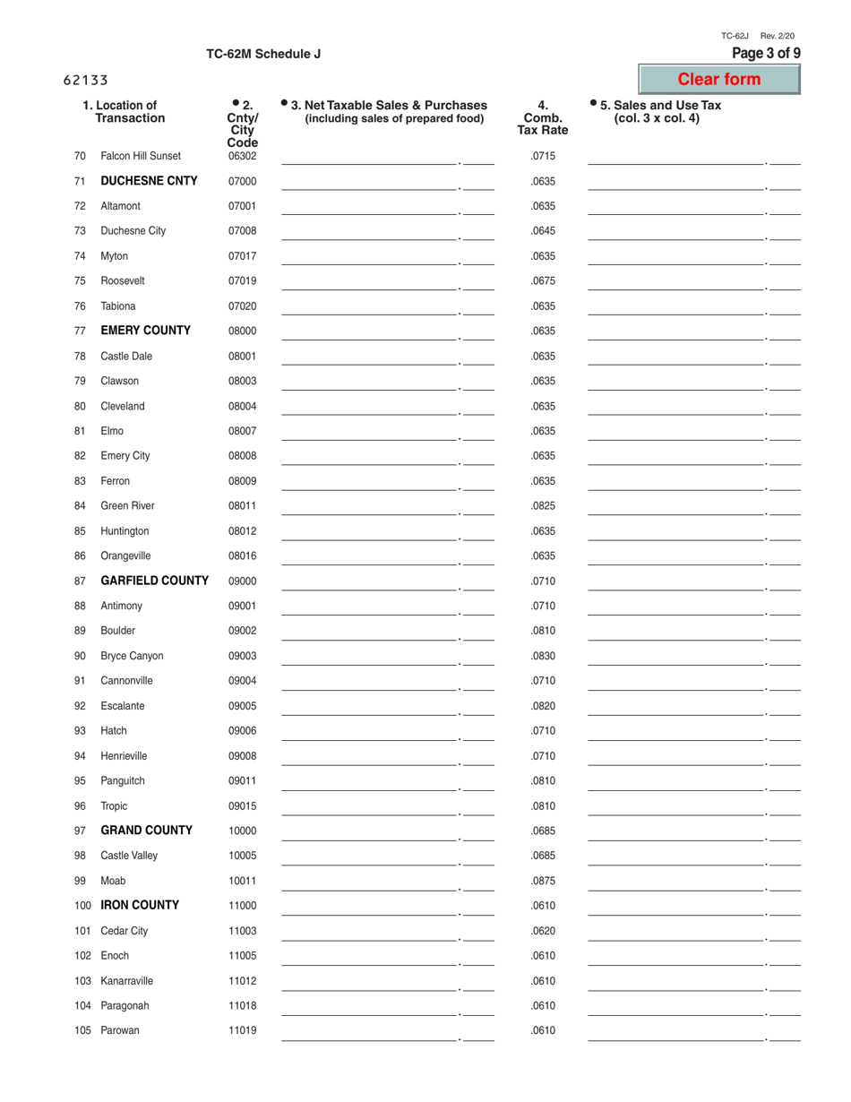 Form TC-62M Schedule J Sales of Non-food and Prepared Food From Places Other Than Fixed Utah Locations - Utah, Page 3