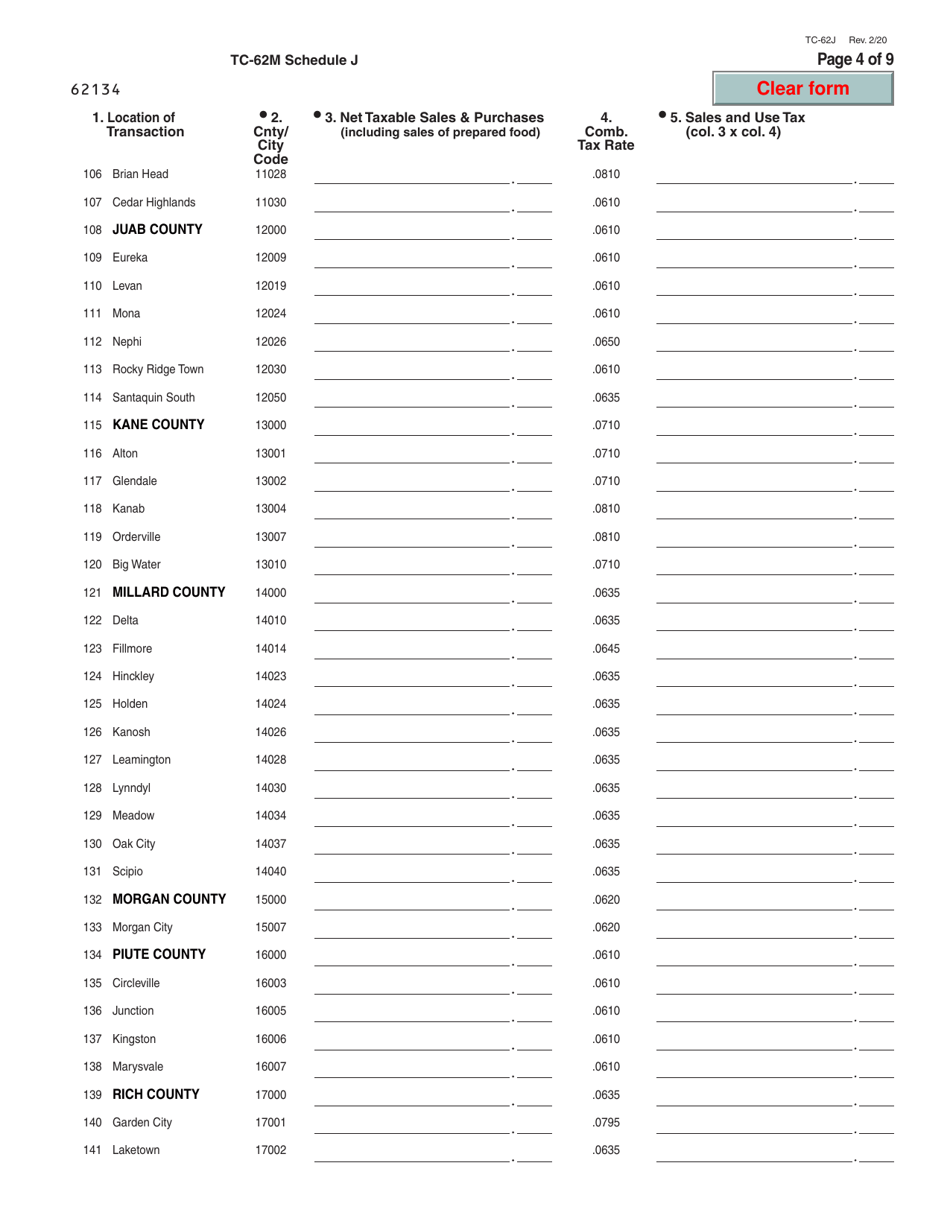 Form TC-62M Schedule J Sales of Non-food and Prepared Food From Places Other Than Fixed Utah Locations - Utah, Page 4