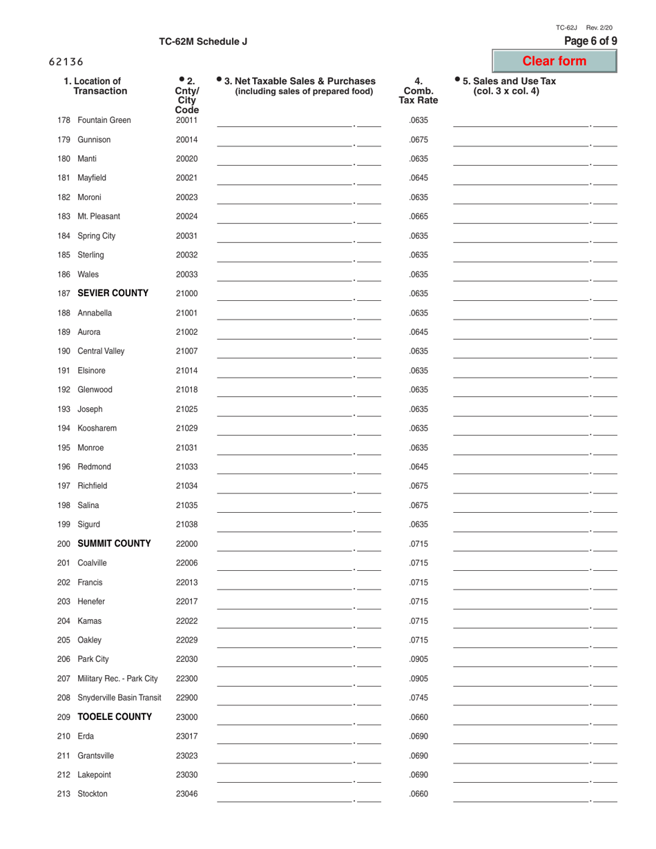 Form TC-62M Schedule J Sales of Non-food and Prepared Food From Places Other Than Fixed Utah Locations - Utah, Page 6