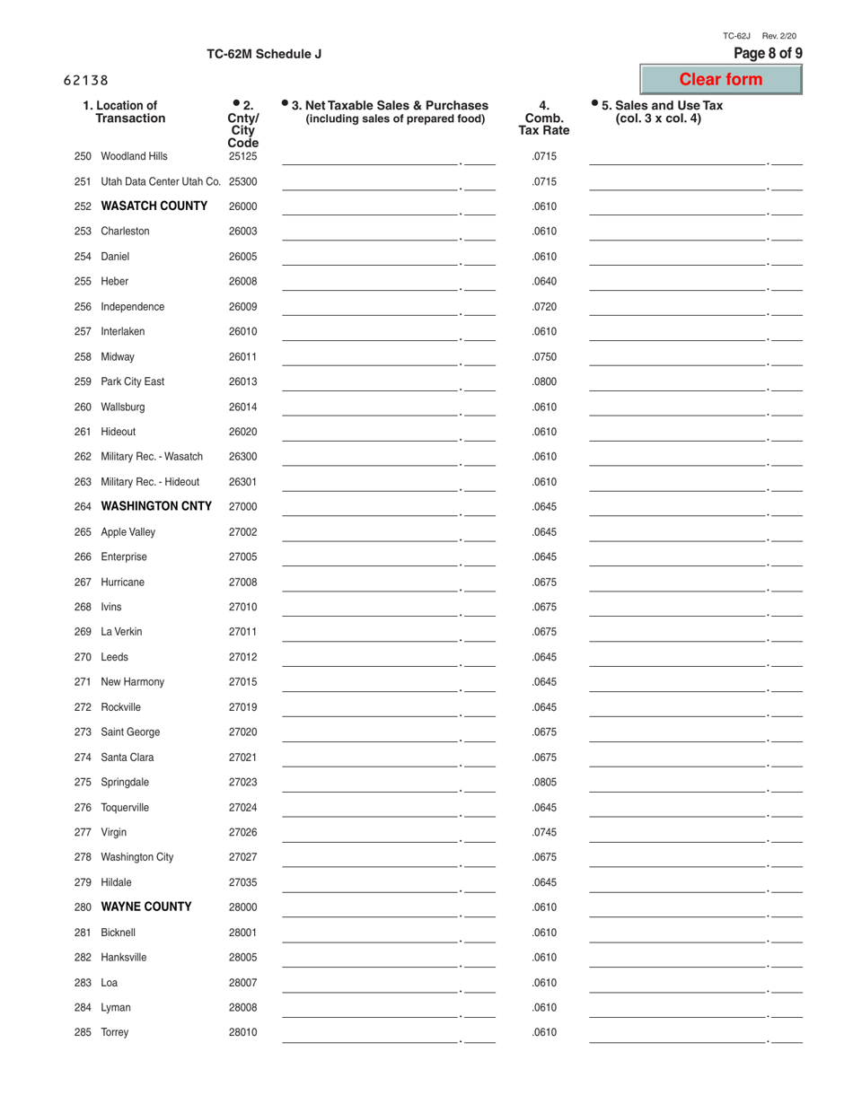 Form TC-62M Schedule J Sales of Non-food and Prepared Food From Places Other Than Fixed Utah Locations - Utah, Page 8