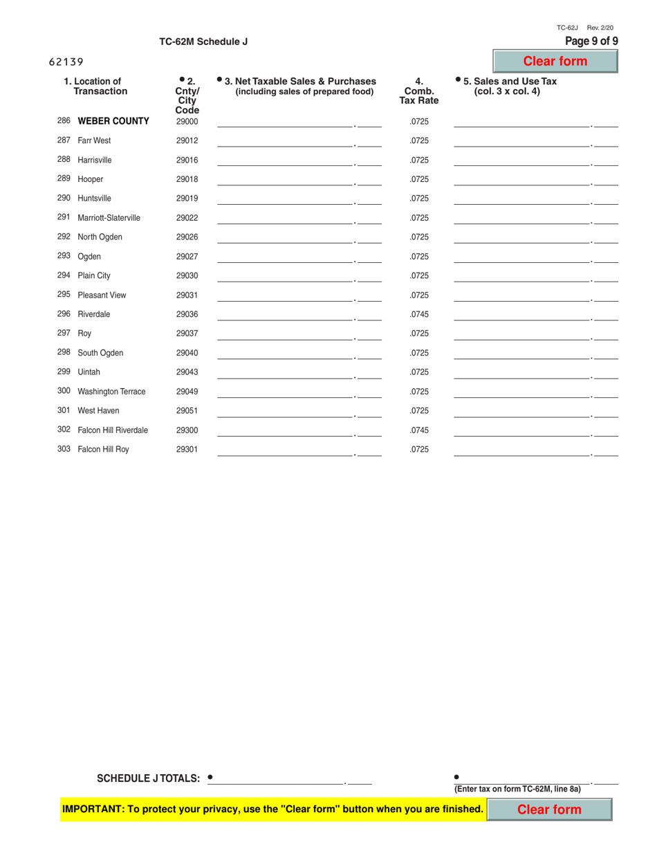 Form TC-62M Schedule J Sales of Non-food and Prepared Food From Places Other Than Fixed Utah Locations - Utah, Page 9