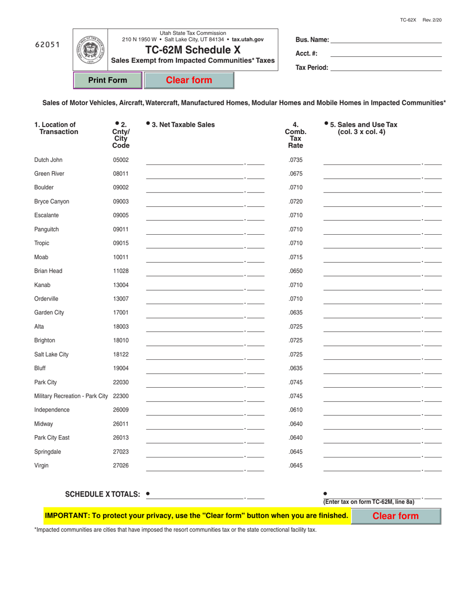 Form TC-62M Schedule X Sales Exempt From Impacted Communities Taxes - Utah, Page 1