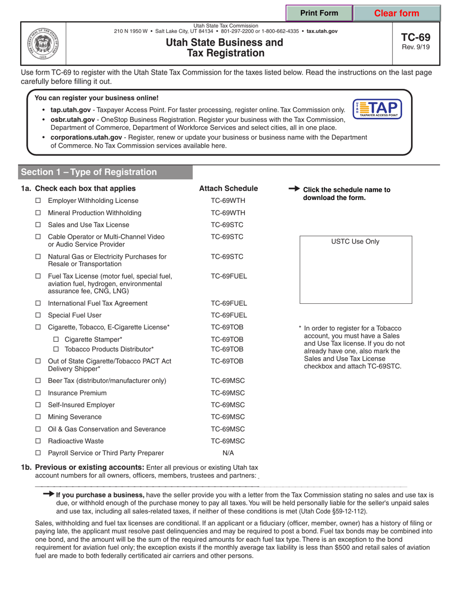Form TC69 Download Fillable PDF or Fill Online Utah State Business and