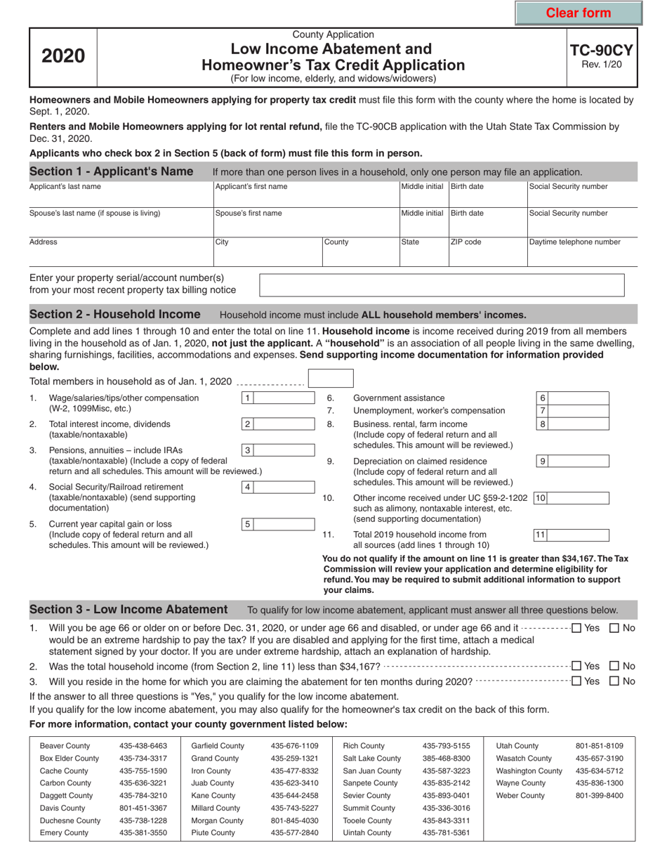 Form TC-90CY Low Income Abatement and Homeowners Tax Credit Application - Utah, Page 1
