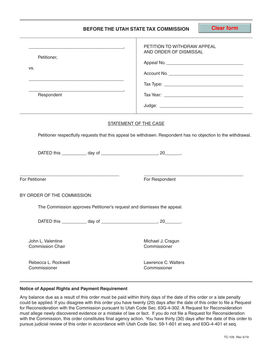 Form TC-105 Petition to Withdraw Appeal and Order of Dismissal - Utah, Page 1