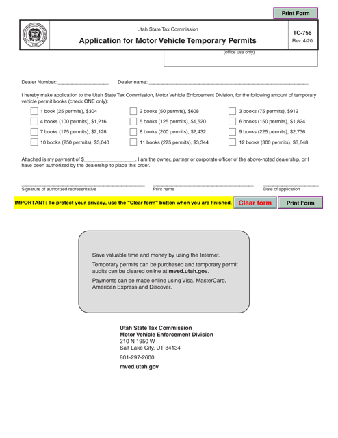 Form TC-756 Application for Motor Vehicle Temporary Permits - Utah