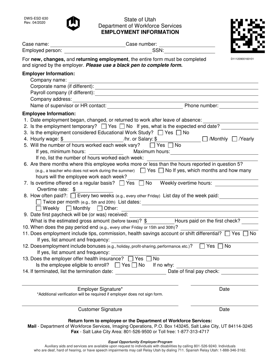 Form DWS-ESD630 Employment Information - Utah, Page 1