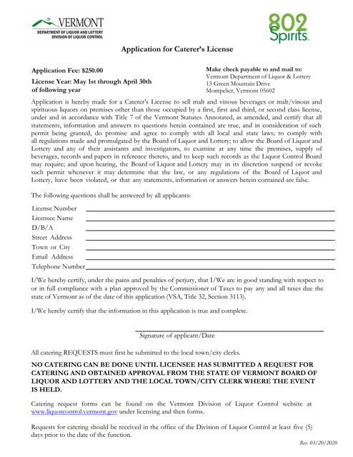 Application for Caterer's License - Vermont Download Pdf