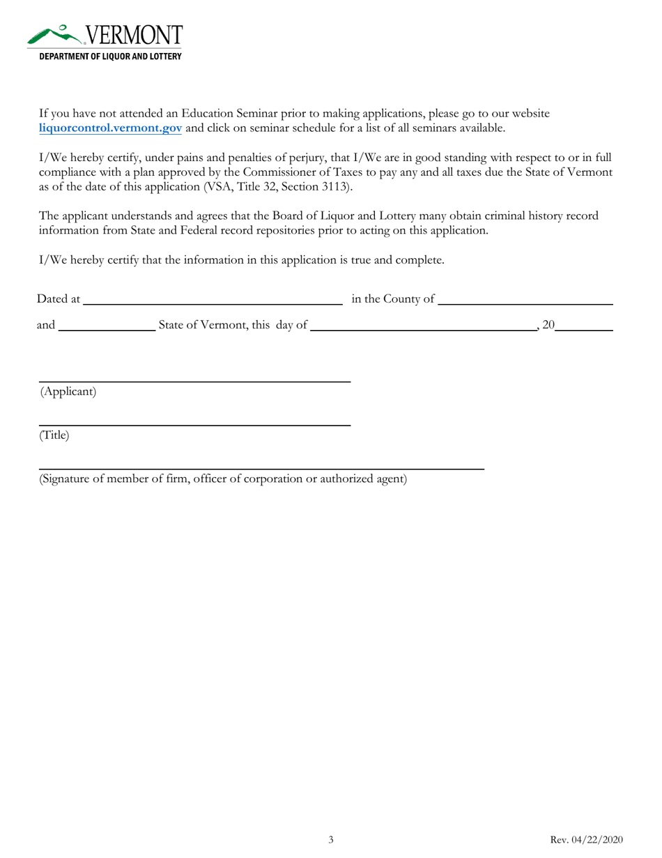 Application for License to Manufacture or Rectify Malt, Vinous, or Spirituous Beverages in Vermont - Vermont, Page 3