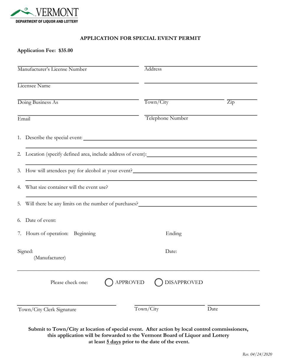 Application for Special Event Permit - Vermont, Page 1